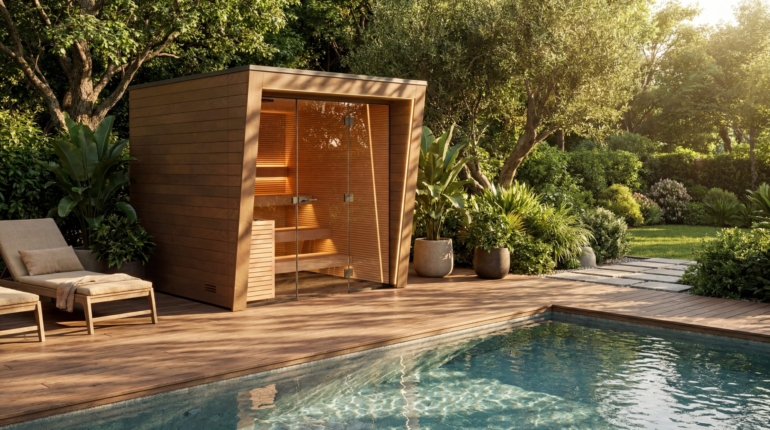 Foto van de buitenkant van een gerealiseerde poolhouse op maat, met douche tegen de gevel
