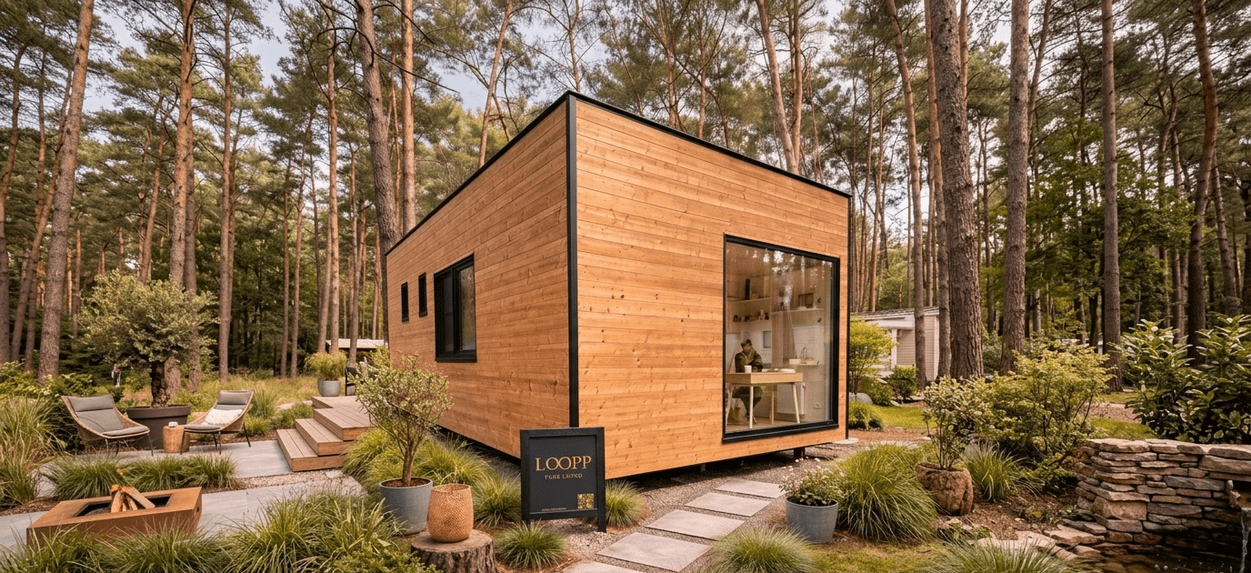 Luxe stacaravan met grote glaspartijen in een groene  omgeving
